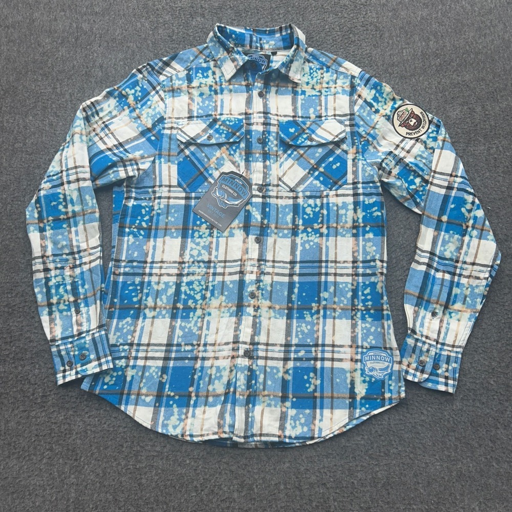 Angry Minnow Smokey Bear Bleached Plaid Flannel Shirt Mens M Blue Cotton